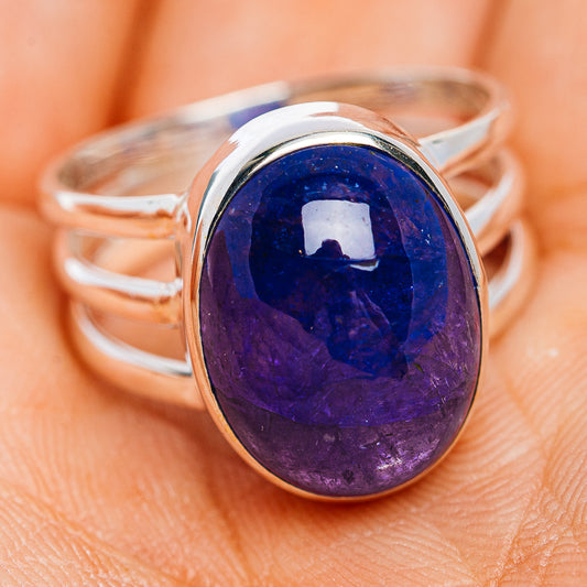Oval tanzanite ring in .925 sterling silver, size 8.75, dark blue-purple with silver band