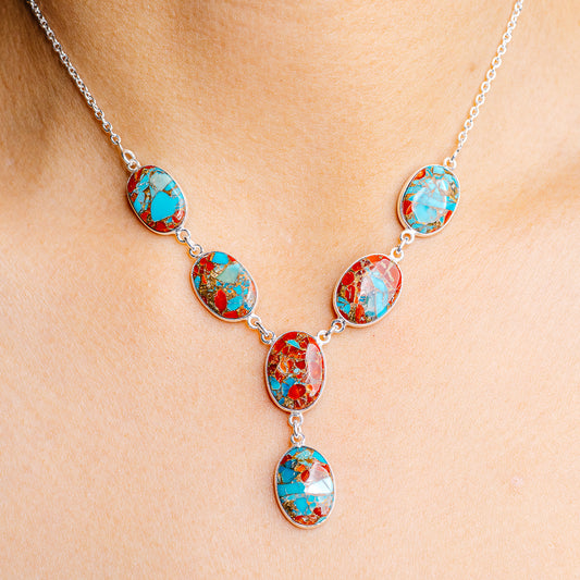 Oval coral and turquoise mosaic pendant necklace on silver chain, 16–18 in