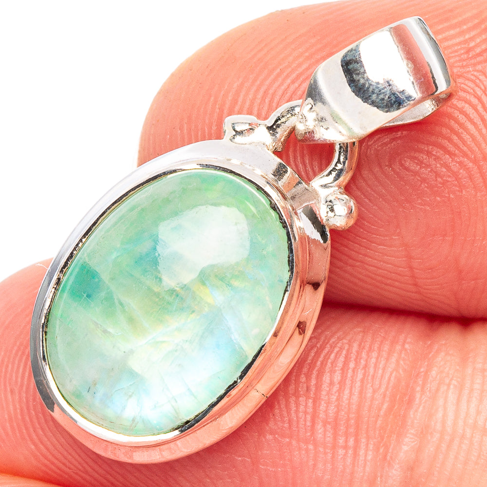 Green moonstone pendant with oval cabochon, 925 sterling silver bezel and bail