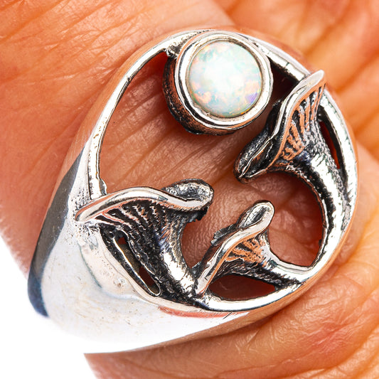 Sterling silver dainty mushroom ring with round opal cabochon and detailed mushroom setting