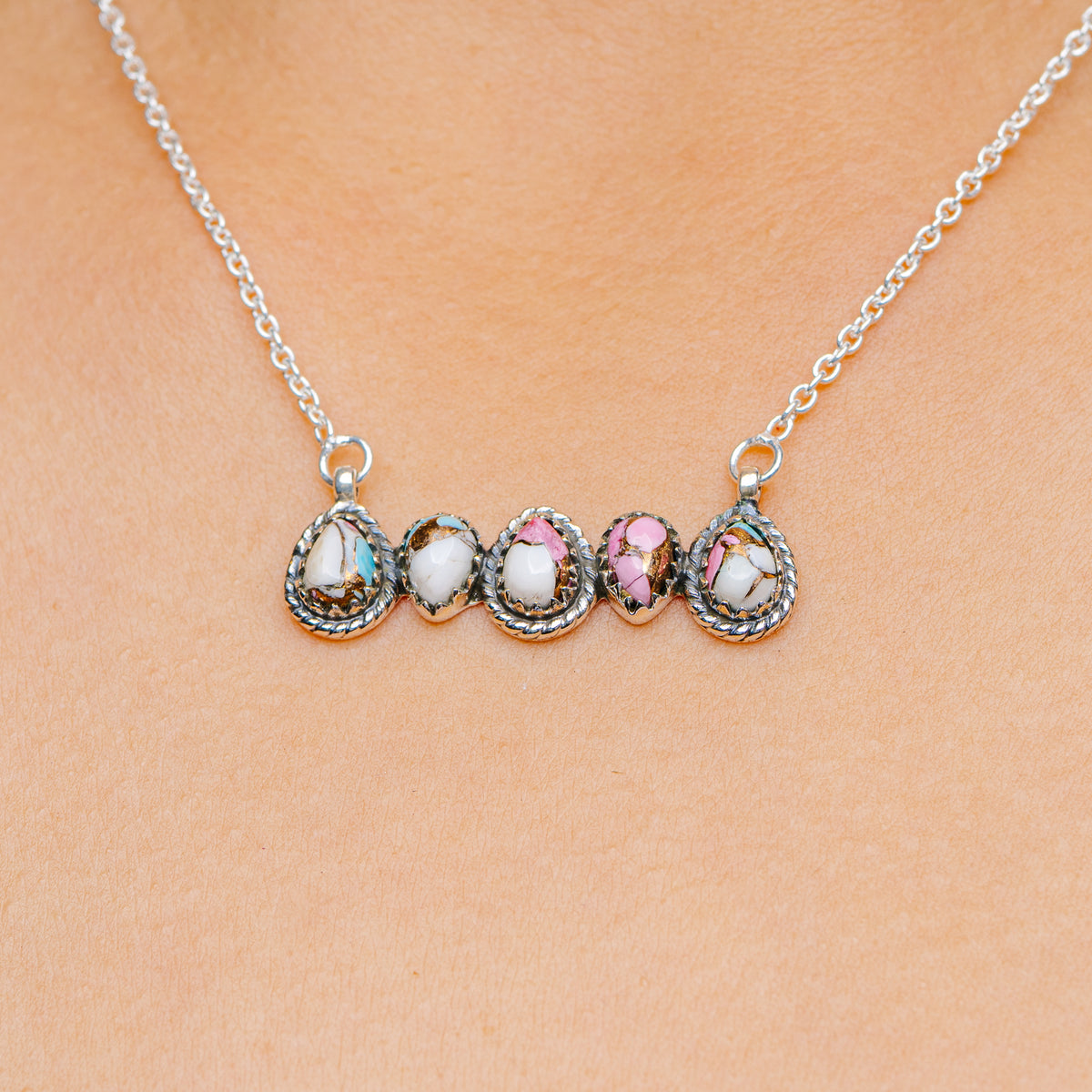 Southwestern Style Cotton Candy Turquoise Necklace 17 to 19" (.925 Sterling Silver)