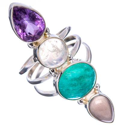 Premium 4-Gem Amazonite, Amethyst, Rainbow Moonstone, Gray Moonstone Ring Size 8 (.925 Sterling Silver)
