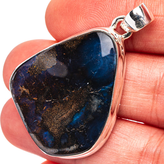 Boulder opal pendant in teardrop bezel, dark blue and gold matrix, .925 sterling silver