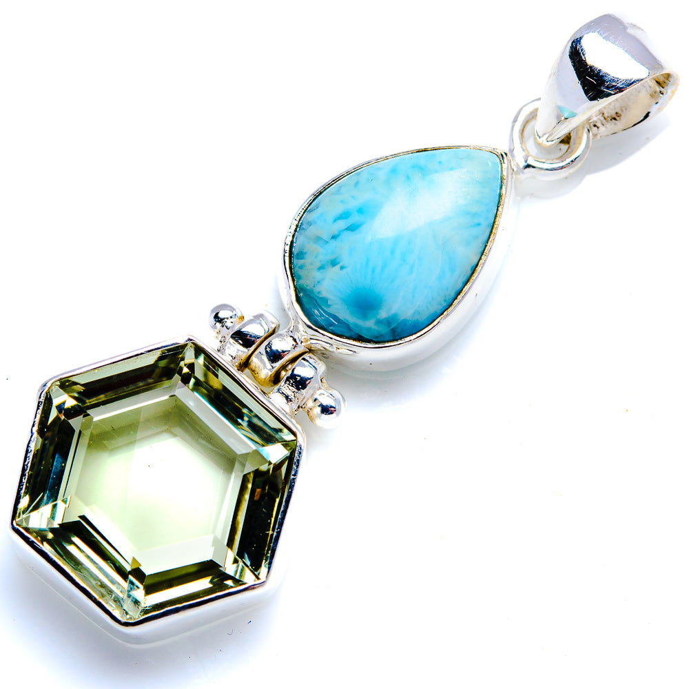 925 sterling silver pendant with faceted green amethyst and blue larimar drop, top loop