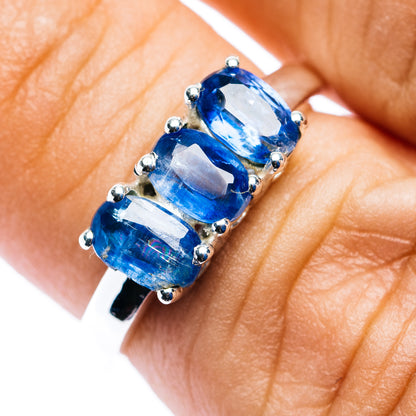 Three-stone blue kyanite ring with oval stones, .925 sterling silver setting