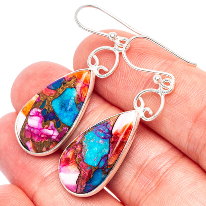 Sterling silver drop earrings with pink, turquoise, and gold marbled teardrop stones