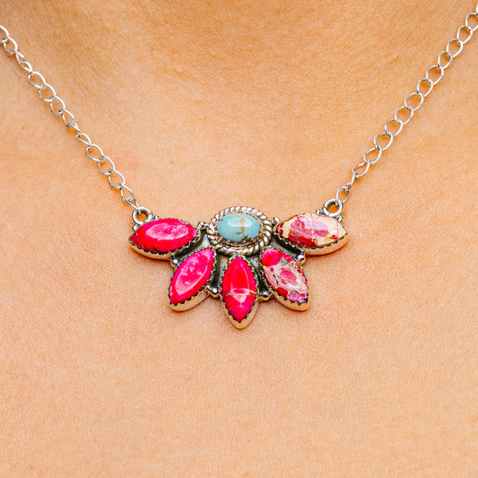 Pink and teal gemstone leaf cluster necklace with linked sterling silver chain