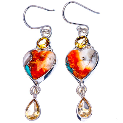 Spiny Oyster Turquoise, Citrine Heart Earrings 1 7/8" (925 Sterling Silver) E1790