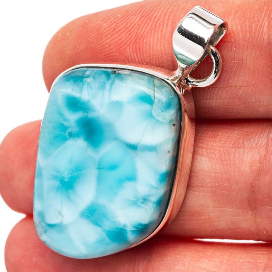 Larimar blue oval pendant in .925 sterling silver bezel with hinged bail