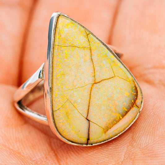 Sterling silver opal ring with side band view, teardrop yellow opal cabochon