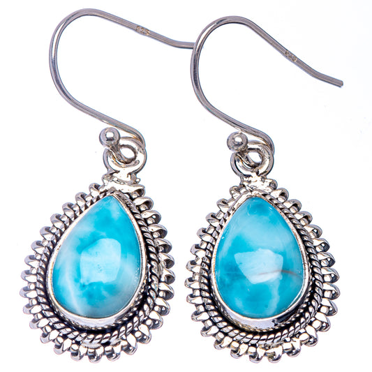Blue teardrop larimar-style earrings with .925 sterling silver hooks and ornate bezel