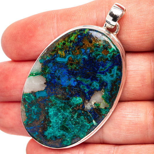 Azurite malachite oval pendant in .925 sterling silver bezel with top bail
