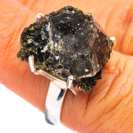 Raw epidote quartz ring with dark green and black crystal set in .925 sterling silver prongs