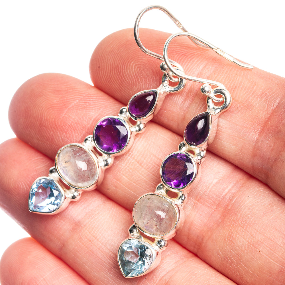 Sterling silver dangle earrings with amethyst, moonstone and blue topaz teardrops