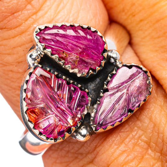 Sterling silver carved ruby ring with three purple gemstone clusters