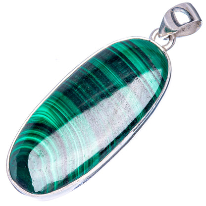 Oval malachite pendant with silver bezel and bail, green stone with light white veining