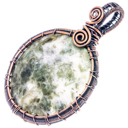 Oval seraphinite wire-wrapped pendant with oxidized copper spiral frame