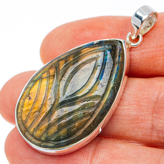 Hand Carved Premium Labradorite Pendant 2" (.925 Sterling Silver)