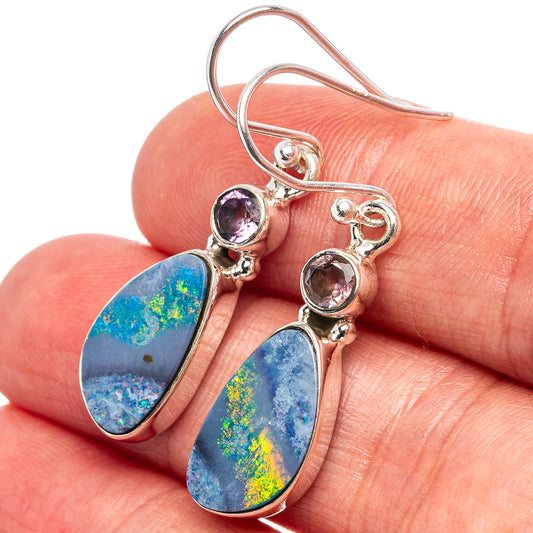 Sterling silver amethyst and opal doublet drop earrings, blue teardrops
