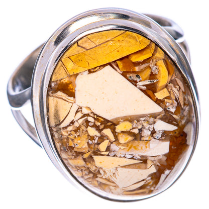 Sterling silver mookaite jasper cabochon ring bezel set with yellow and cream shards