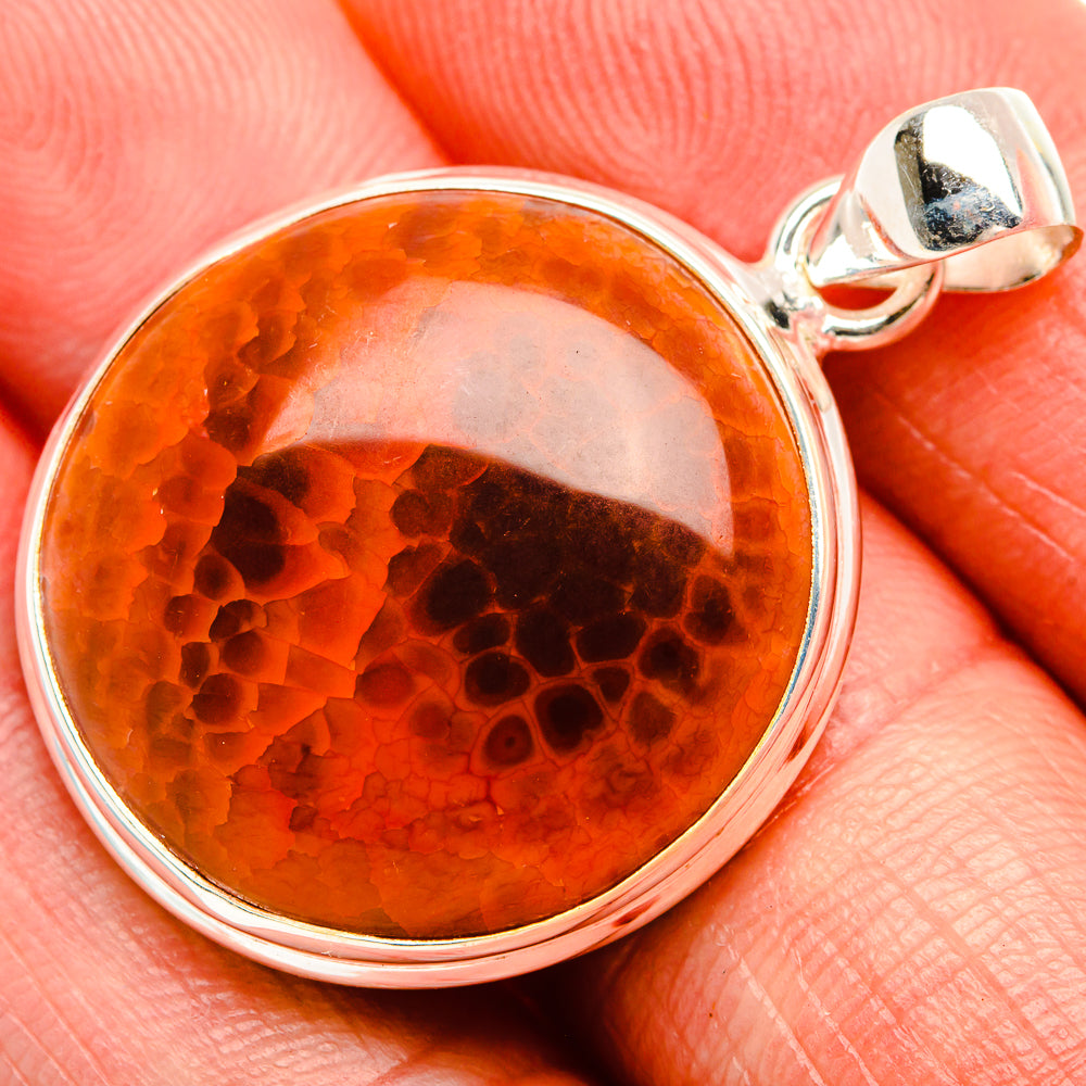 Fire agate 925 sterling silver round bezel pendant with orange-red stone and silver bail