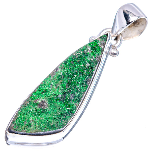Sterling silver uvarovite pendant with bezel-set green teardrop stone and loop