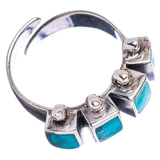 Turquoise inlay sterling silver ring, round band with square turquoise side stones