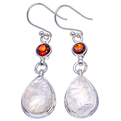Rainbow Moonstone, Garnet Earrings 1 3/4" (.925 Sterling Silver)