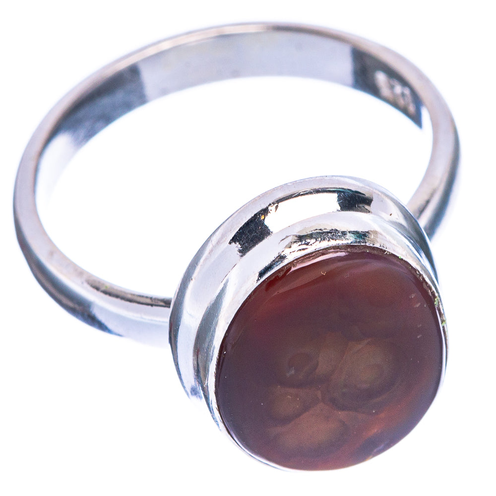 Round fire agate gemstone ring in 925 sterling silver, dark amber-brown stone