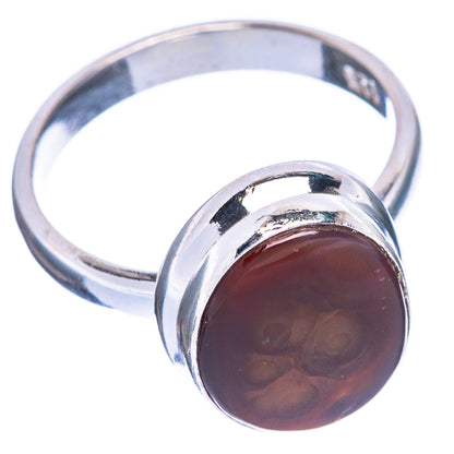 Round fire agate gemstone ring in 925 sterling silver, dark amber-brown stone