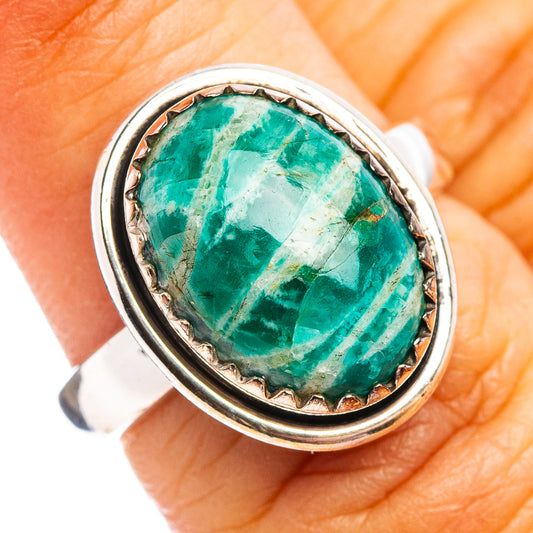 Adjustable .925 sterling silver ring with oval green amazonite stone bezel setting