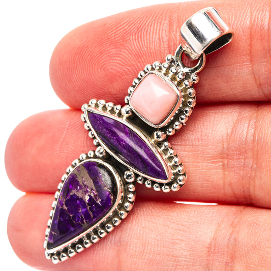 Sterling silver pendant with pink opal and purple sugilite, beaded oval settings