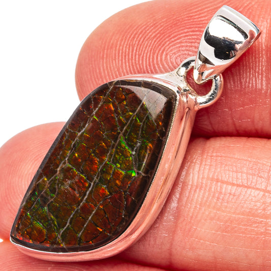 Teardrop Ammolite pendant in bezel-set .925 sterling silver, iridescent green-orange mosaic