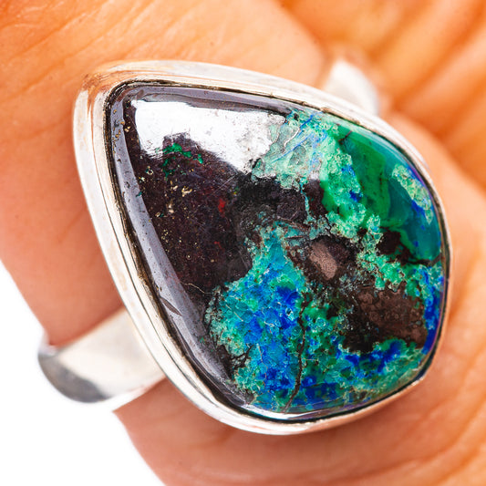 Sterling silver oval azurite ring with blue-green stone and dark matrix detail