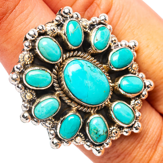 Turquoise oval-stone ring in silver-tone bezel with small round bead details