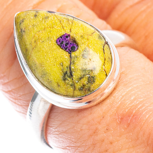 Atlantisite sterling silver ring, size 8, oval green-yellow stone with purple inlay