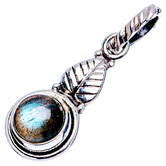 Sterling silver labradorite pendant with round bezel and leaflike bail detail