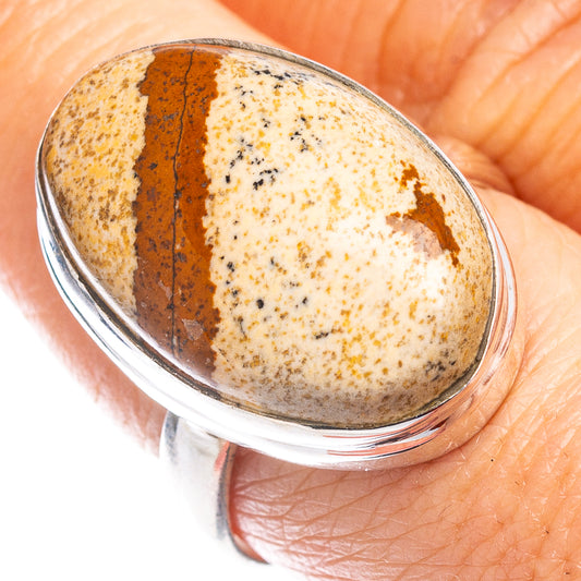 Oval picture jasper cabochon ring in .925 sterling silver, size 8.5