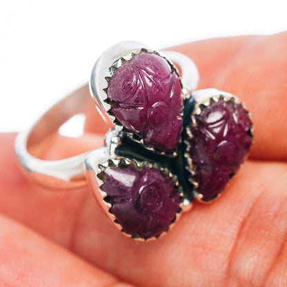 Premium 3-Gemstone Carved Ruby Ring Size 8 (.925 Sterling Silver)