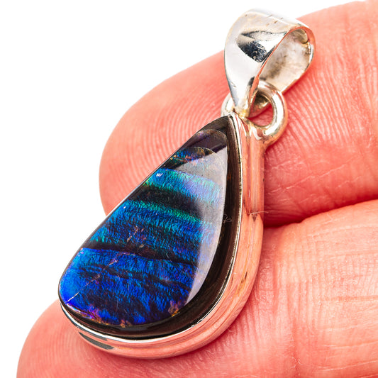 Sterling silver ammolite pendant with iridescent teardrop stone in blue and green