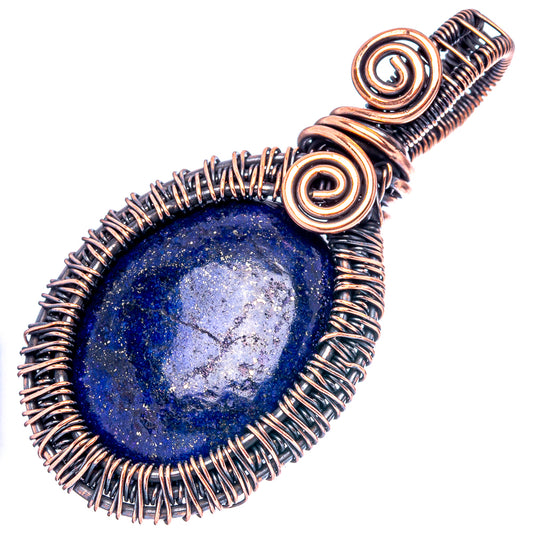 Oxidized copper wire-wrap pendant with dark blue lapis oval stone, spiral top and coils