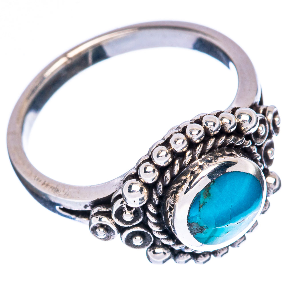 Sterling silver turquoise ring, open band with oval turquoise stone and bead details