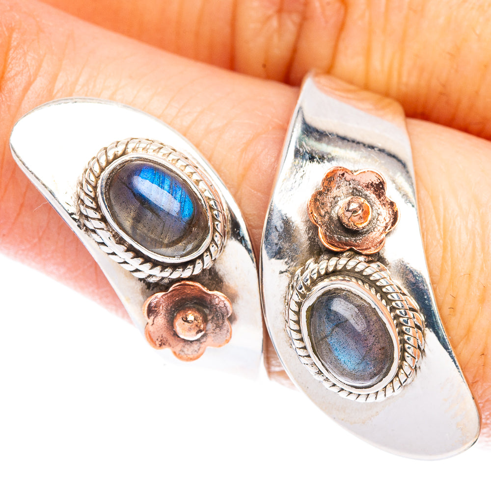 Sterling silver flower ring with two oval labradorite stones and textured bezels