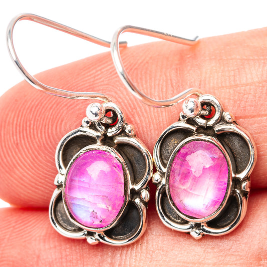 Pink oval moonstone drop earrings in .925 sterling silver with scalloped bezel