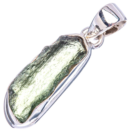 Sterling silver bezel-set rough green moldavite pendant with loop bail