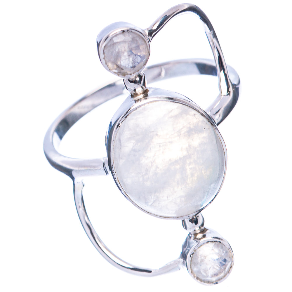 Silver moonstone ring, oval center with three round accents and open band