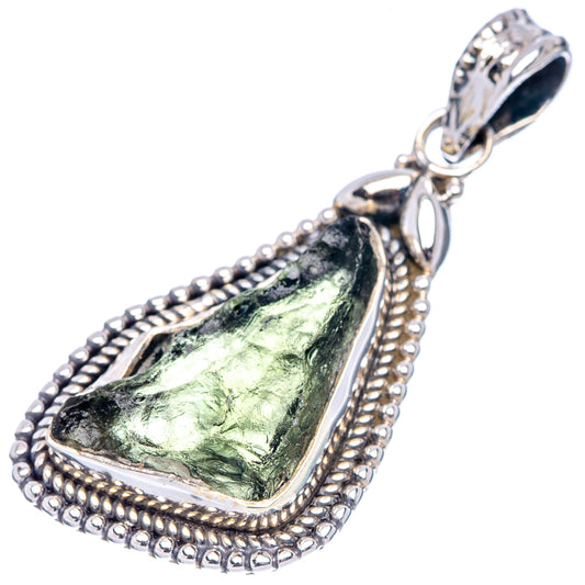Sterling silver moldavite pendant, teardrop frame showing green glass and bead border.