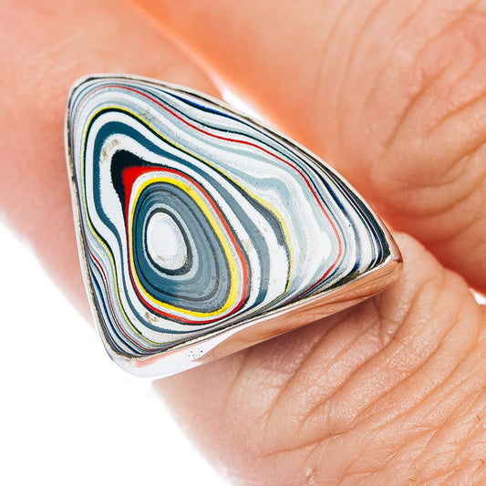Triangle gemstone-style fordite ring with multicolor swirl stripes, .925 sterling silver band