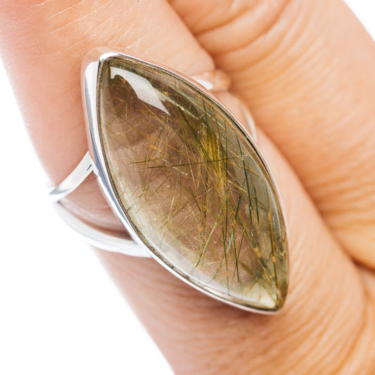 Sterling silver rutilated quartz ring (7.5), oval green-gold cabochon