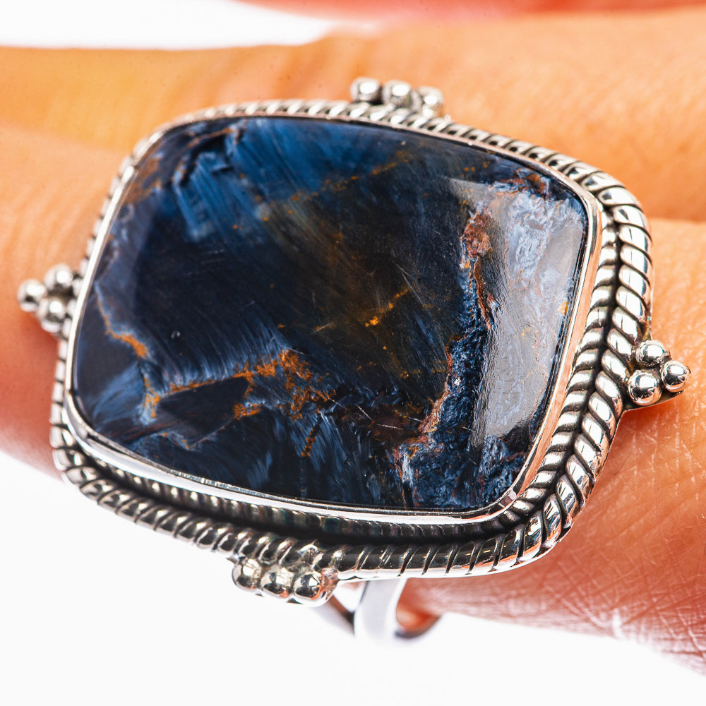 Large sterling silver ring with blue pietersite oval cabochon setting